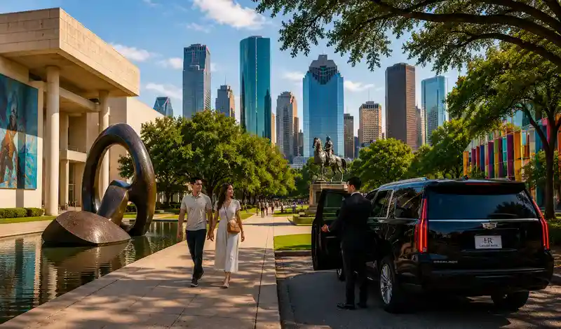 Visitors exploring Houston museums, cultural landmarks, public art, and scenic parks with luxury transportation nearby.